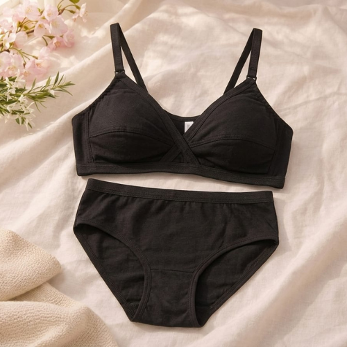Crossover cotton bra Black color Panty Set